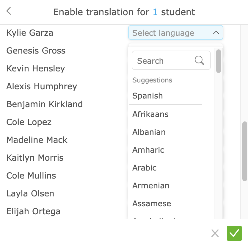 New language support menu. Next to a student